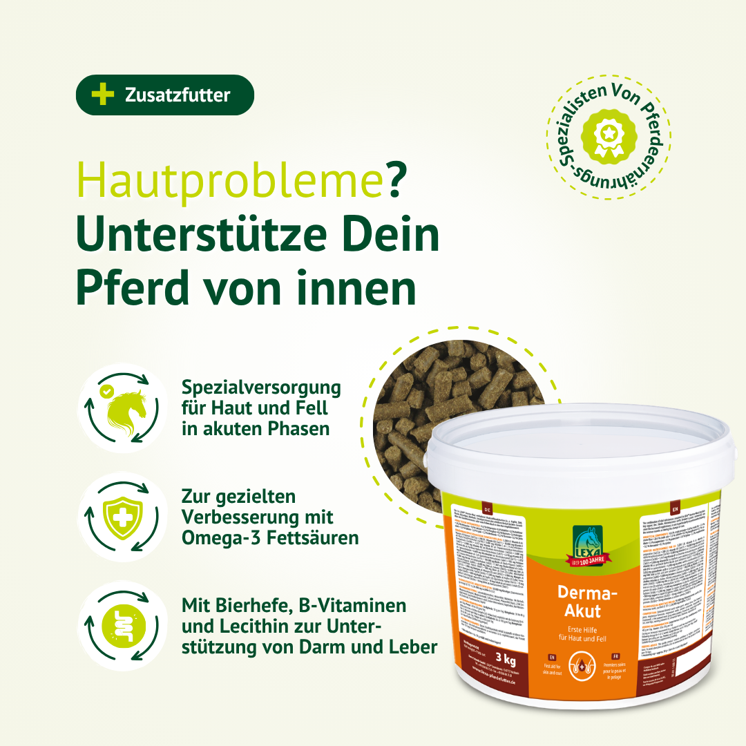 LEXA Derma-Akut Zusatzfutter für Pferde zur Unterstützung bei Hautproblemen, Fellwechsel und akuten Phasen.
