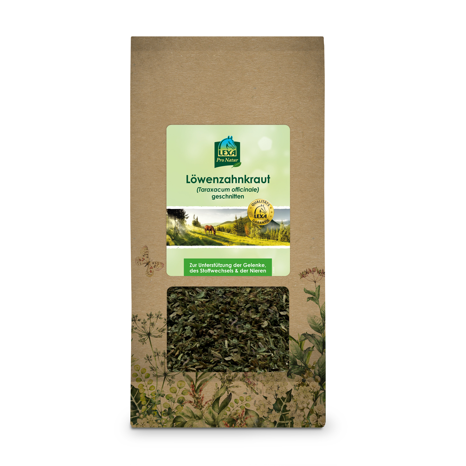 Löwenzahnkraut, getrocknet Braune Papiertüte mit Löwenzahnkraut (Taraxacum officinale), getrocknet, mit Sichtfenster und grünem Etikett. Kräuterillustration am Rande der Verpackung.