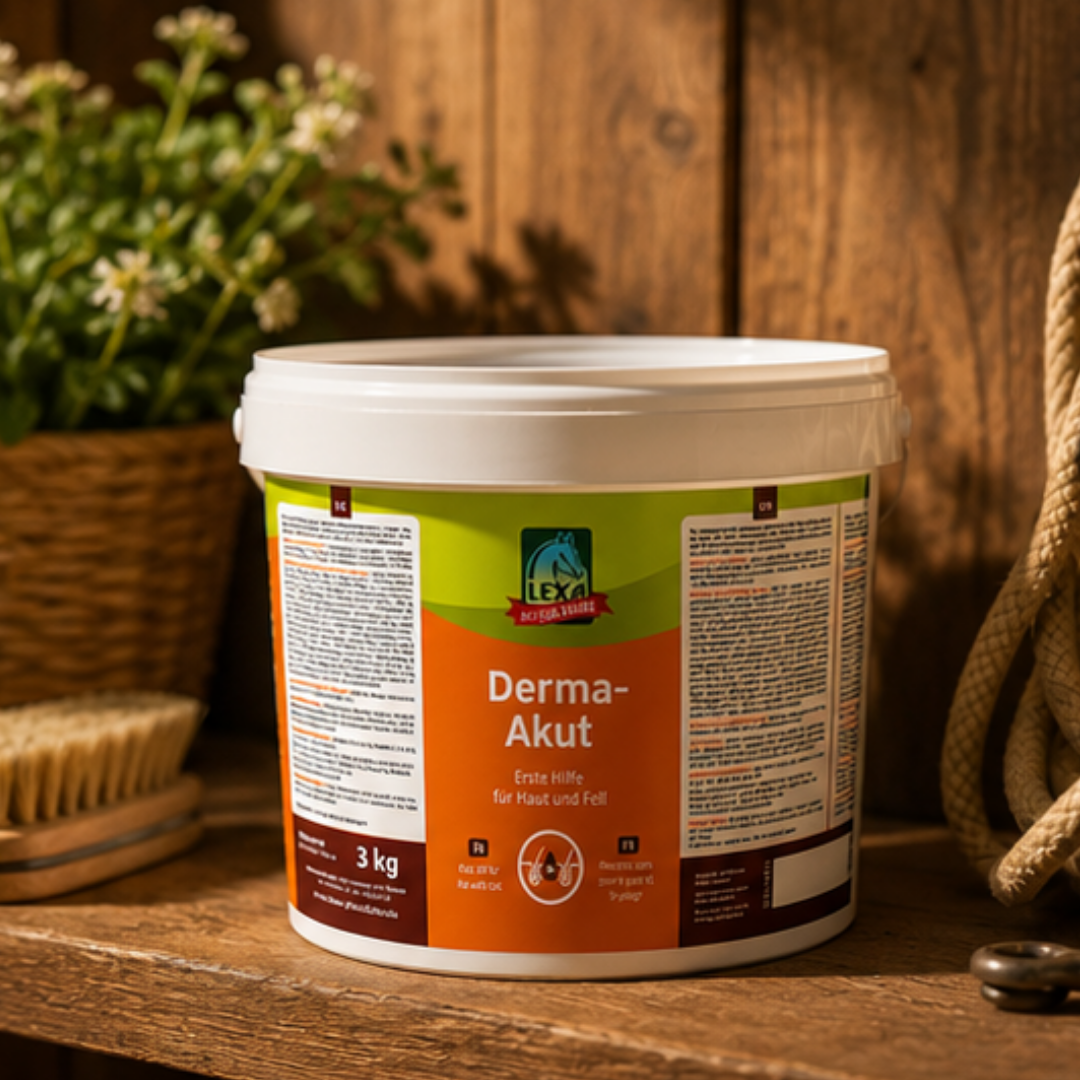 Dose LEXA Derma-Akut Zusatzfutter für Pferde auf einem Holztisch mit natürlicher Stallatmosphäre.