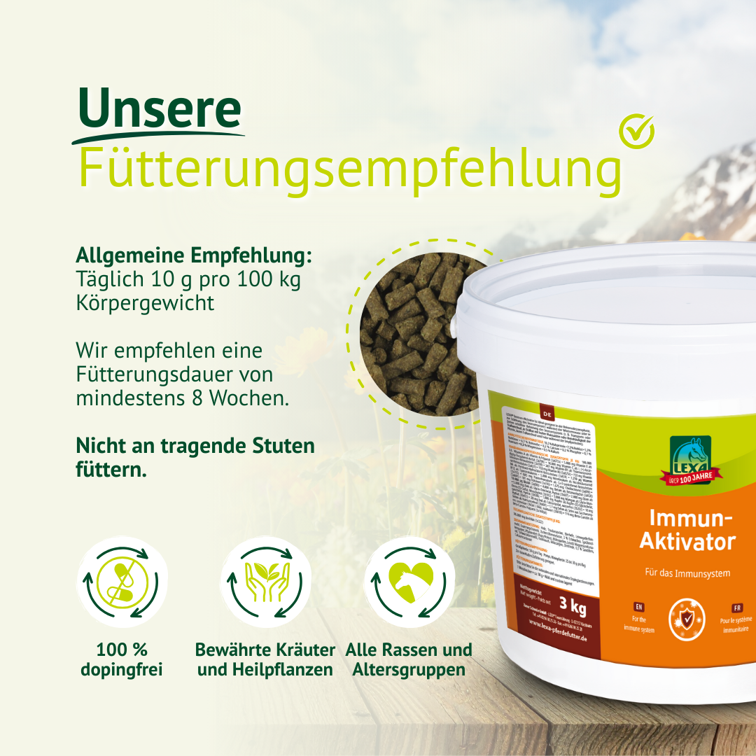 Fütterungsempfehlung: 10 g pro 100 kg Körpergewicht täglich, Kurdauer mind. 8 Wochen; Warnhinweis: Nicht für tragende Stuten.