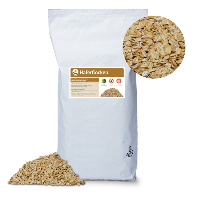 Haferflocken Verpackung Verpackung von Haferflocken in einem weißen Beutel mit einer kleinen Abbildung der Haferflocken.