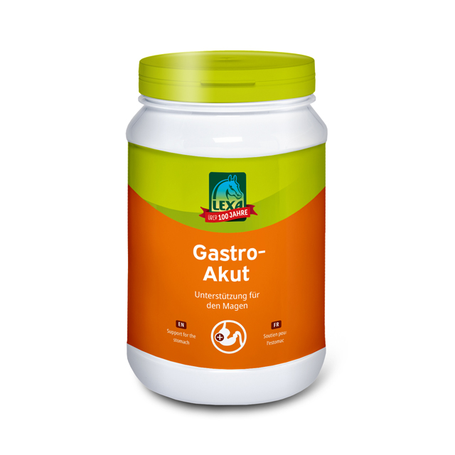 Gastro-Akut Magenunterstützung von LEXA Gastro-Akut von LEXA, eine Unterstützung für den Magen, in einem orangefarbenen Behälter mit grünem Deckel.