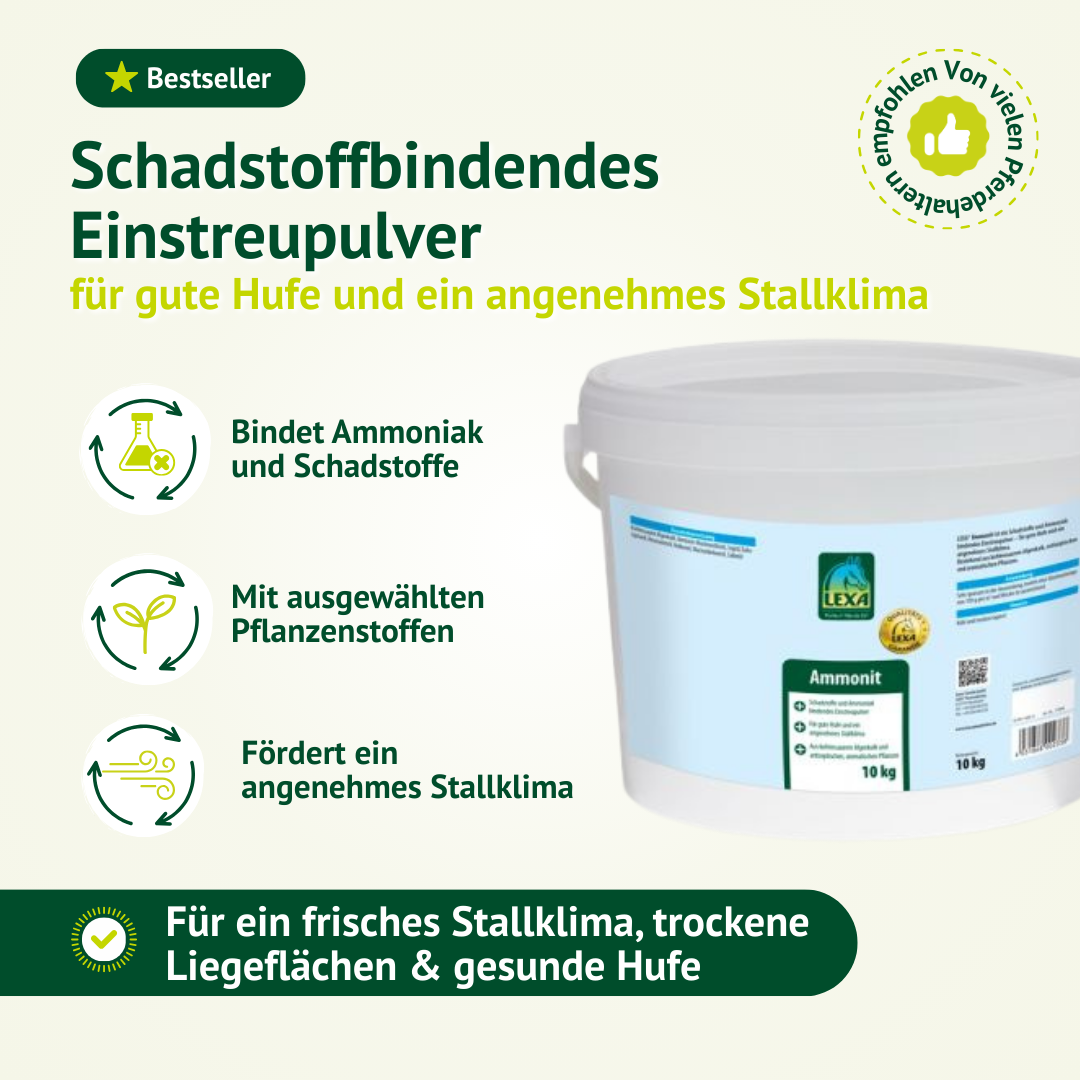 LEXA Ammonit schadstoffbindendes Einstreupulver im 10 kg Eimer – bindet Ammoniak und Schadstoffe für ein frisches Stallklima und gesunde Hufe