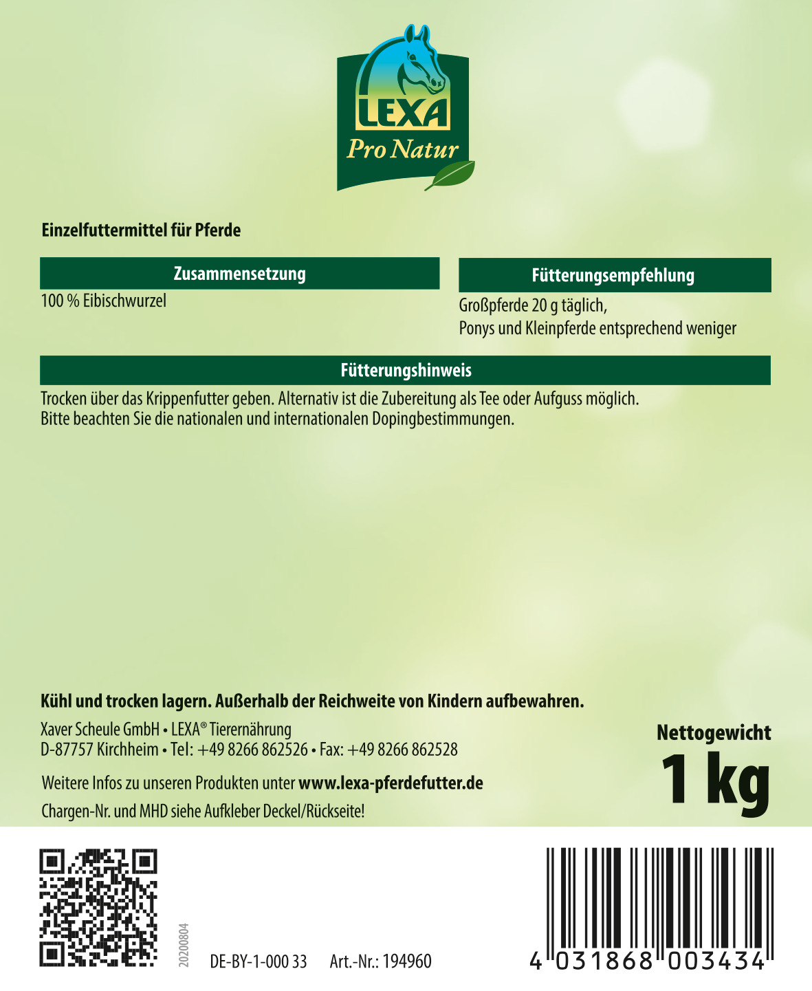 Verpackungsrückseite für LEXA Pro Natur Pferdefutter Rückseite einer Verpackung für Pferdefutter mit Inhaltsstoffen und Fütterungshinweisen.