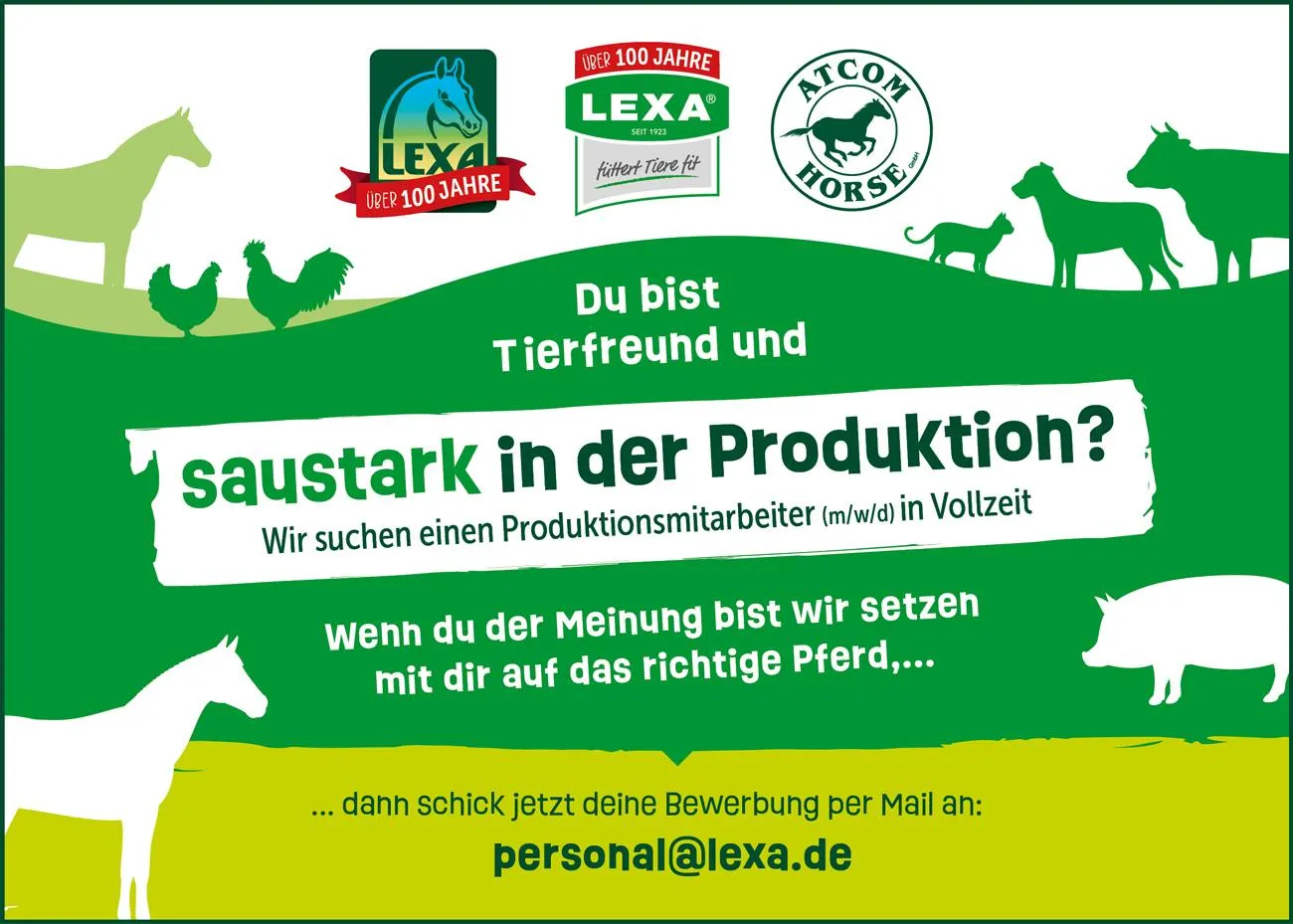 Stellenausschreibung für einen Produktionsmitarbeiter bei LEXA, mit Fokus auf Tierfreundschaft und Landwirtschaft.