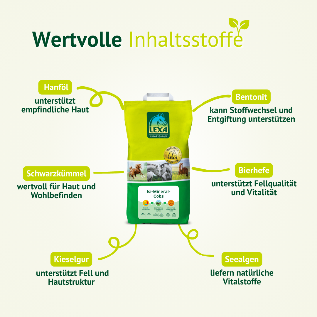 Wertvolle Inhaltsstoffe der LEXA Isi-Mineral-Cobs wie Hanföl, Schwarzkümmel, Kieselgur, Bentonit, Bierhefe und Seealgen.