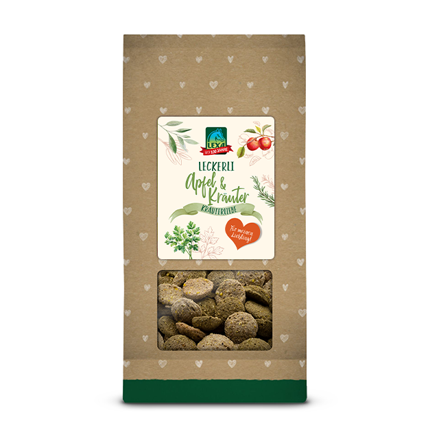 Premium Pferdekräcker von LEXA Packung mit Premium Pferdekräckern von LEXA, Geschmack Apfel und Kräuter, mit transparentem Sichtfenster.