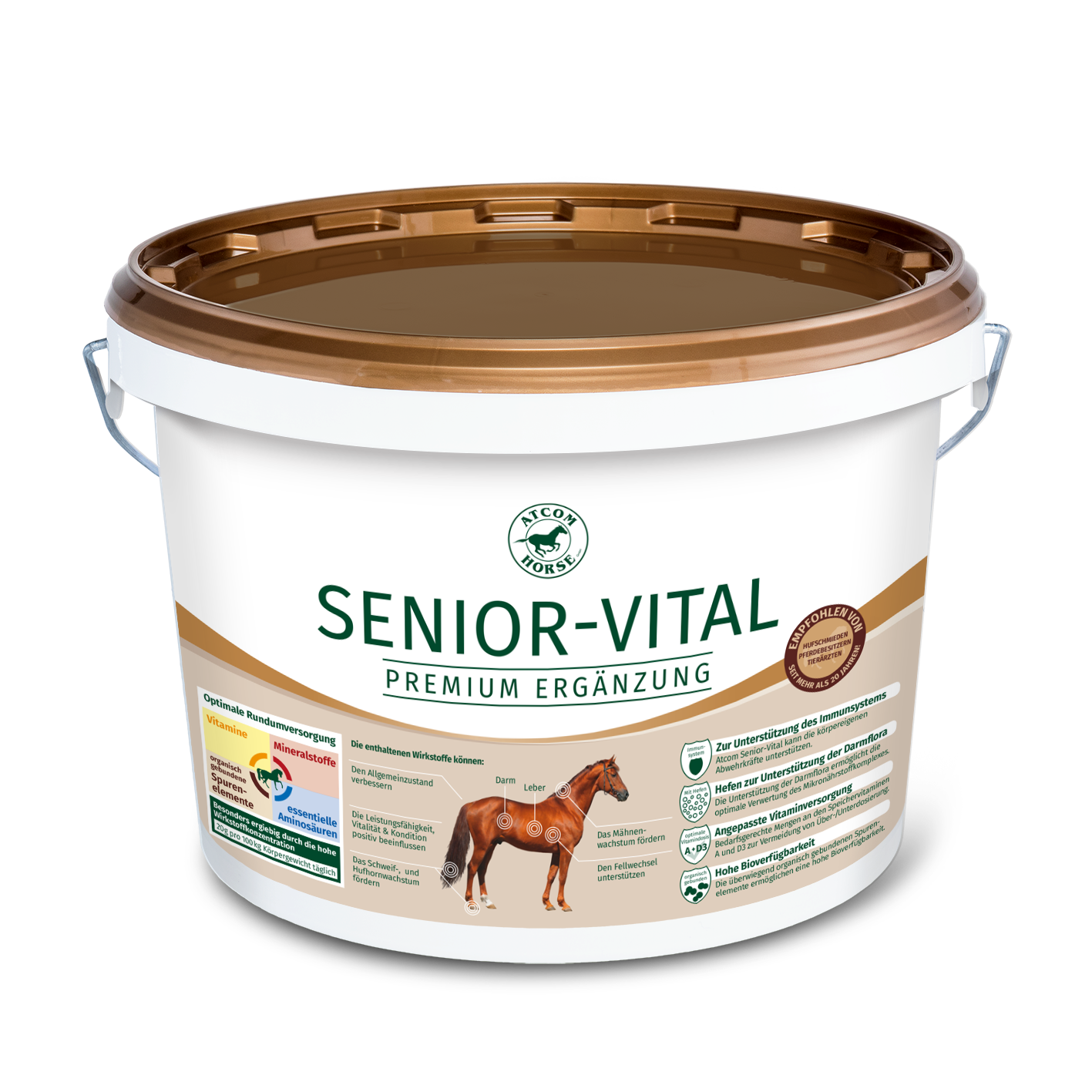 Senior-Vital Premium Ergänzung für Pferde Eimer mit Senior-Vital, einer Premium-Ergänzung für ältere Pferde, mit Informationen zur Anwendung und Inhaltsstoffen.