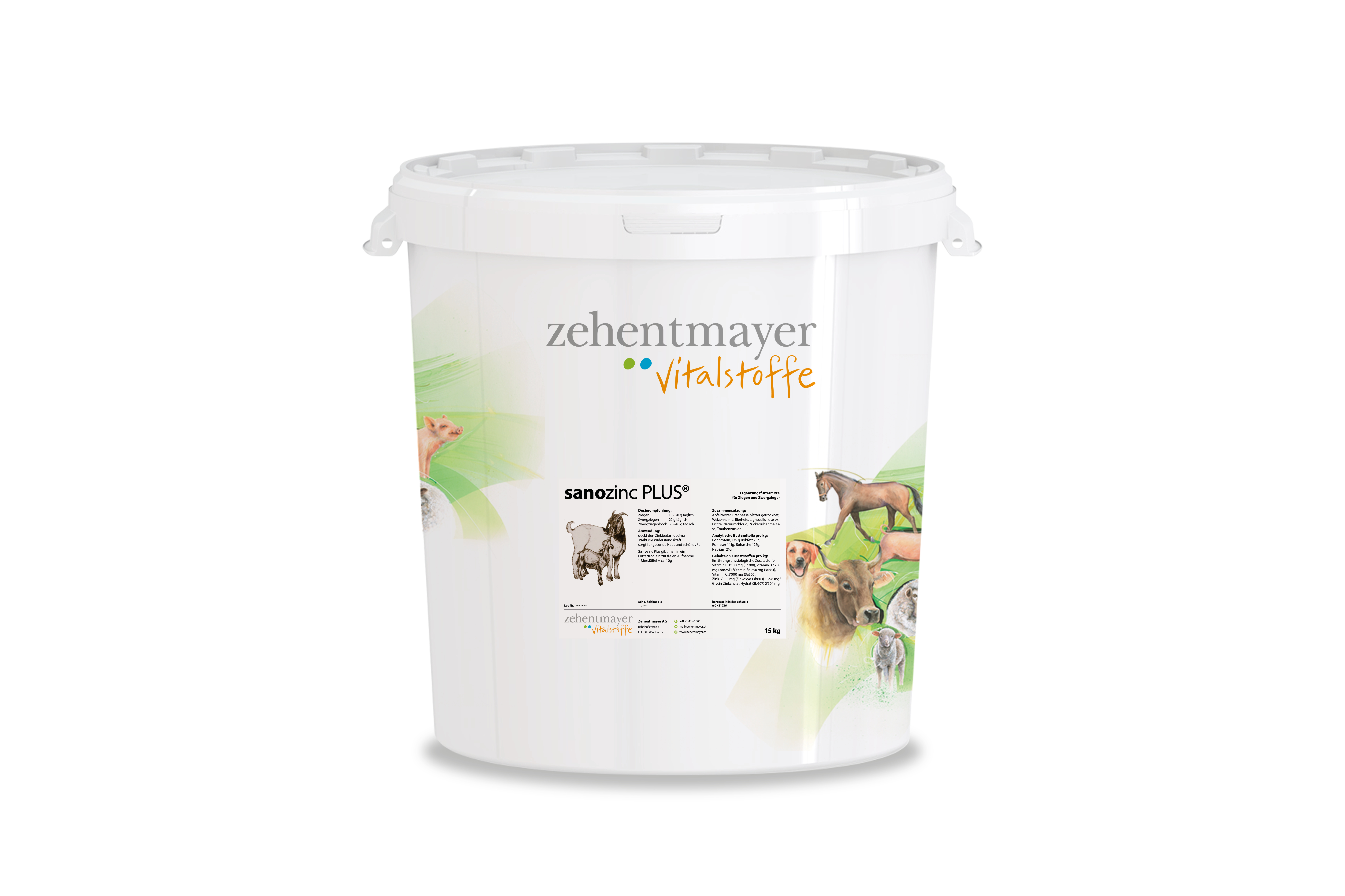 Eimer mit sanozinc PLUS, einem Vitalstoffprodukt für Tiere, mit Illustrationen von Tieren.
