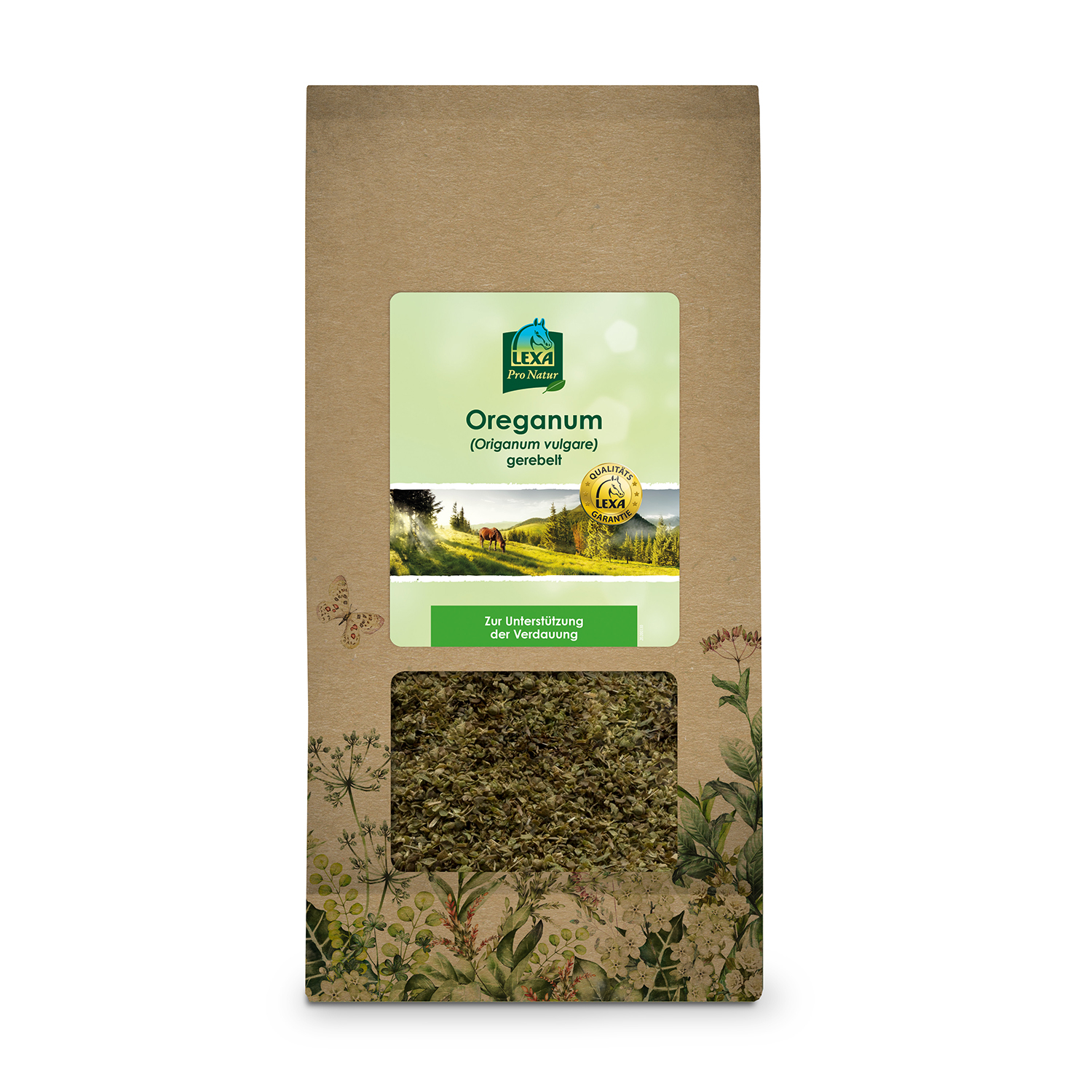 Getrockneter Oregano Braune Papiertüte mit getrocknetem Oregano (Origanum vulgare), mit Sichtfenster und grünem Etikett. Kräuterillustrationen am Rand der Verpackung.