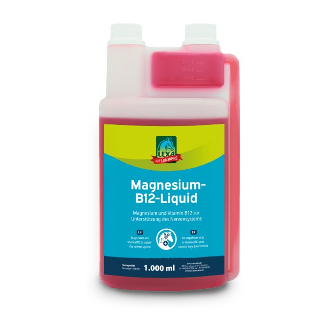 Magnesium-B12-Liquid 1000 ml Flasche mit Magnesium-B12-Liquid, 1000 ml, zur Unterstützung des Nervensystems, in roter und blauer Verpackung.