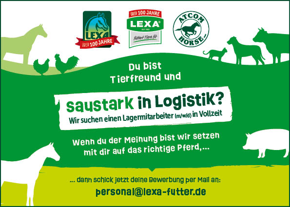 Stellenanzeige für einen Lagerarbeiter bei LEXA, mit einem Fokus auf Tierliebe und Logistik.