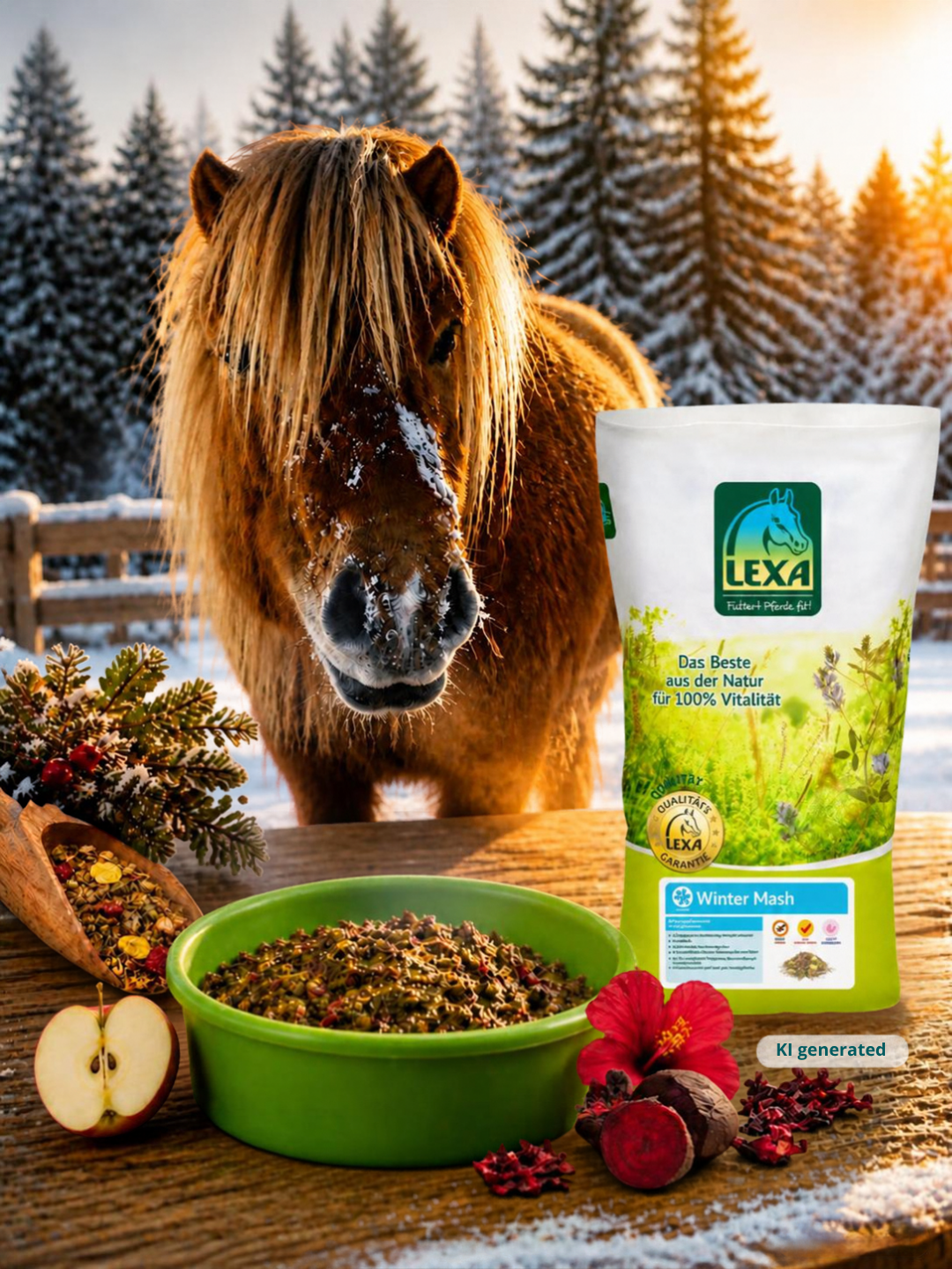 Pferd im verschneiten Winter mit LEXA Winter Mash, grüner Müslischale, Apfel, Roter Beete und Hibiskus.