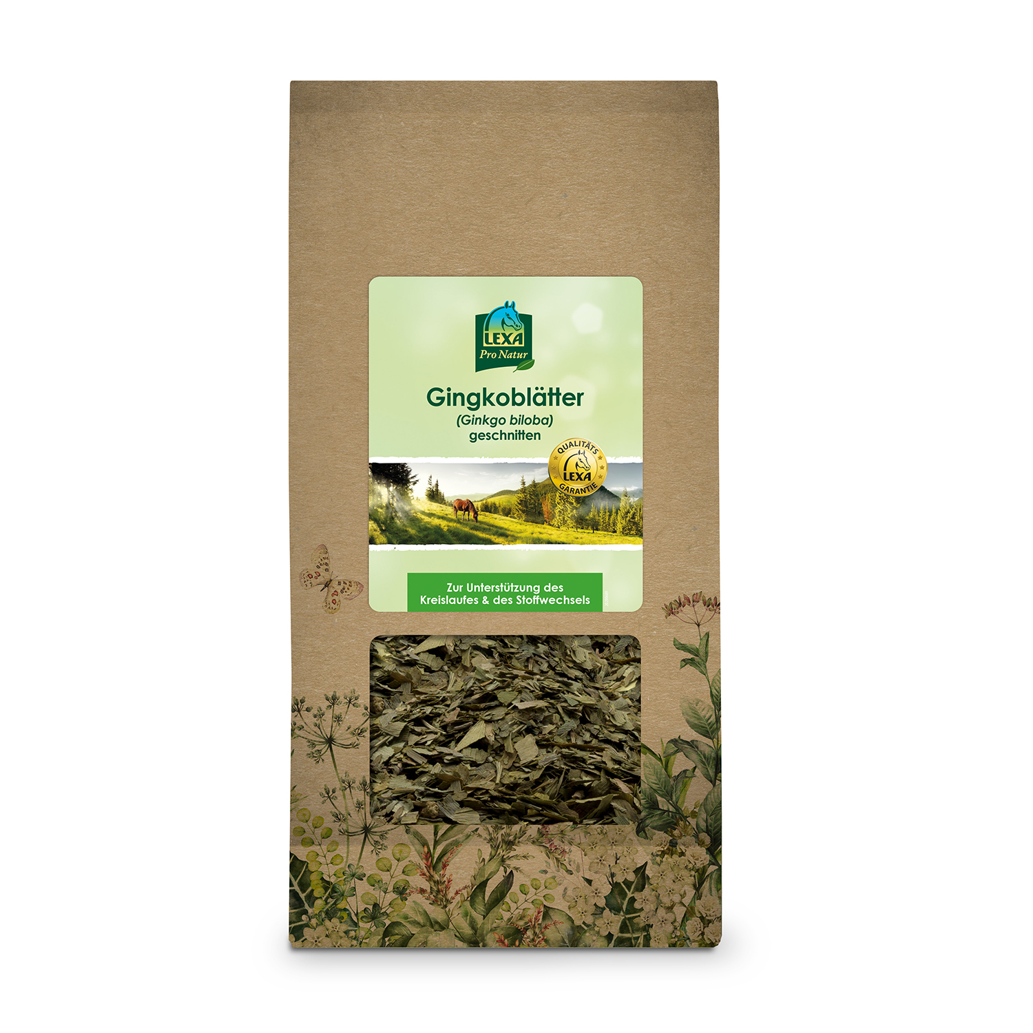 Getrocknete Ginkgoblätter Braune Papiertüte mit Sichtfenster mit getrockneten Ginkgoblättern,  grünes Etikett. Kräuterillustrationen am Rand der Verpackung.
