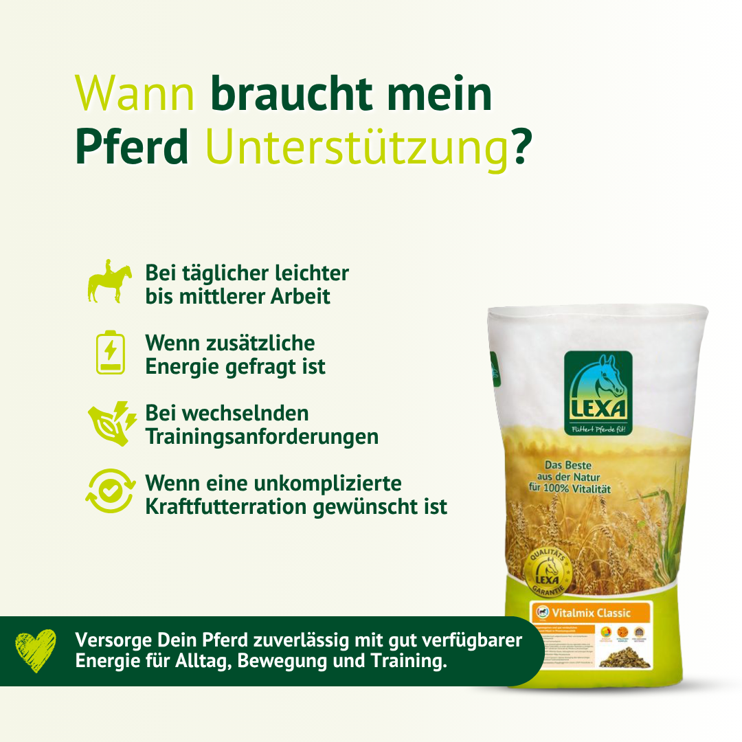 Übersicht, wann LEXA Vitalmix Classic geeignet ist: bei leichter bis mittlerer Arbeit, zusätzlichem Energiebedarf und wechselnden Trainingsanforderungen.