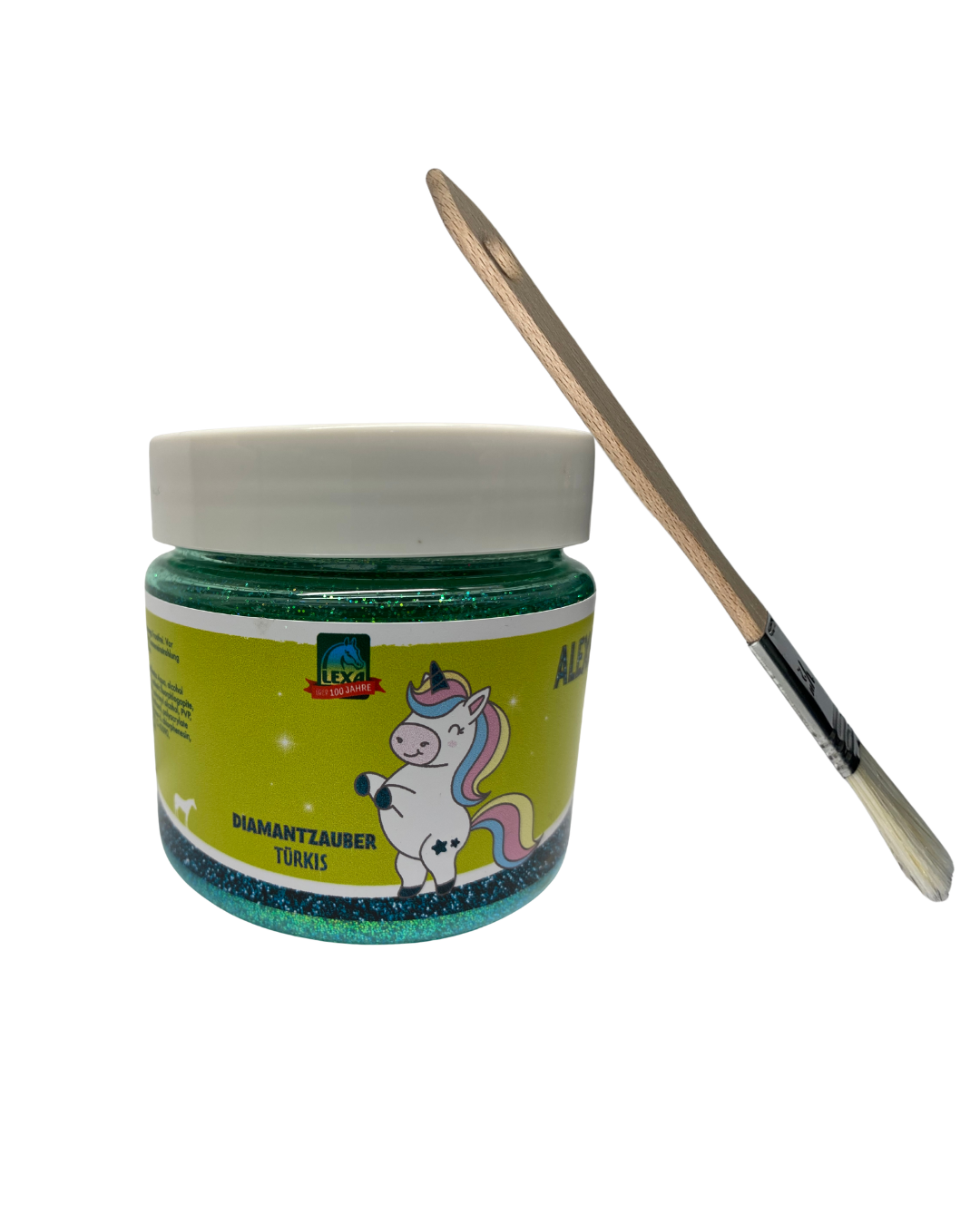 „LEXA Diamantzauber Türkis – glitzerndes Pflegeprodukt im Glas mit Einhorn-Label und beiliegendem Pinsel zum Auftragen.“
