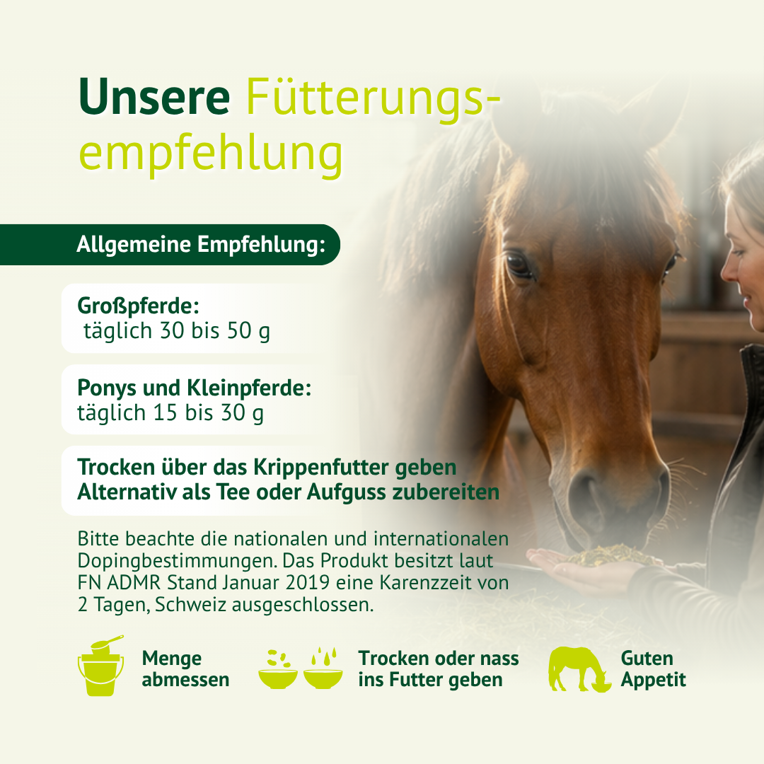 Fütterungsempfehlung für LEXA Kräutermischung Haut & Fell für Großpferde, Ponys und Kleinpferde