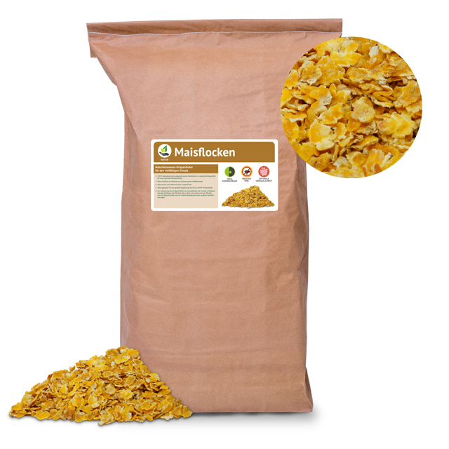 Verpackung von Maisflocken Große Verpackung mit Maisflocken, braun, mit einem kleinen Bild der Flocken daneben.