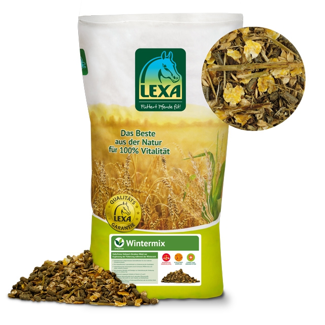 LEXA Wintermix für Pferde LEXA Wintermix für Pferde, enthält getrocknete Kräuter und Pflanzen, verpackt in einer grünen Tüte.
