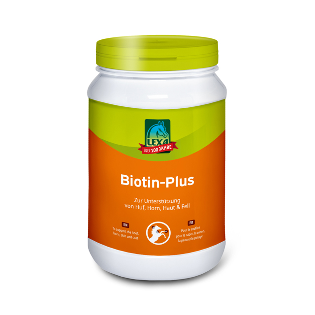 LEXA Biotin-Plus für Pferde LEXA Biotin-Plus in einer weißen Dose (Kunststoff) mit grünem Deckle und orangenem Etikett.