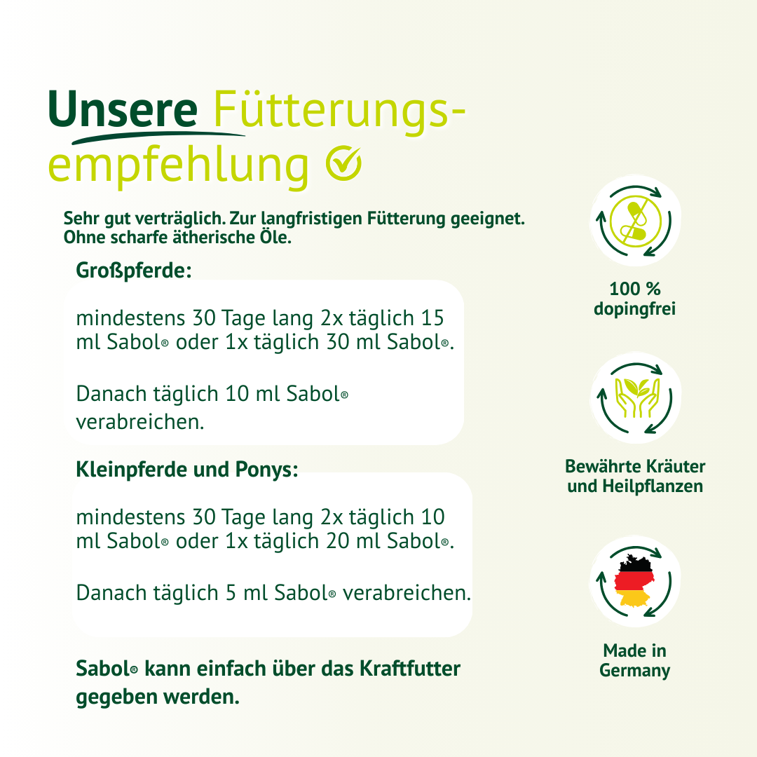 Fütterungsempfehlung für Sabol® – Dosierung für Großpferde und Kleinpferde, 100 % dopingfrei, hergestellt in Deutschland.