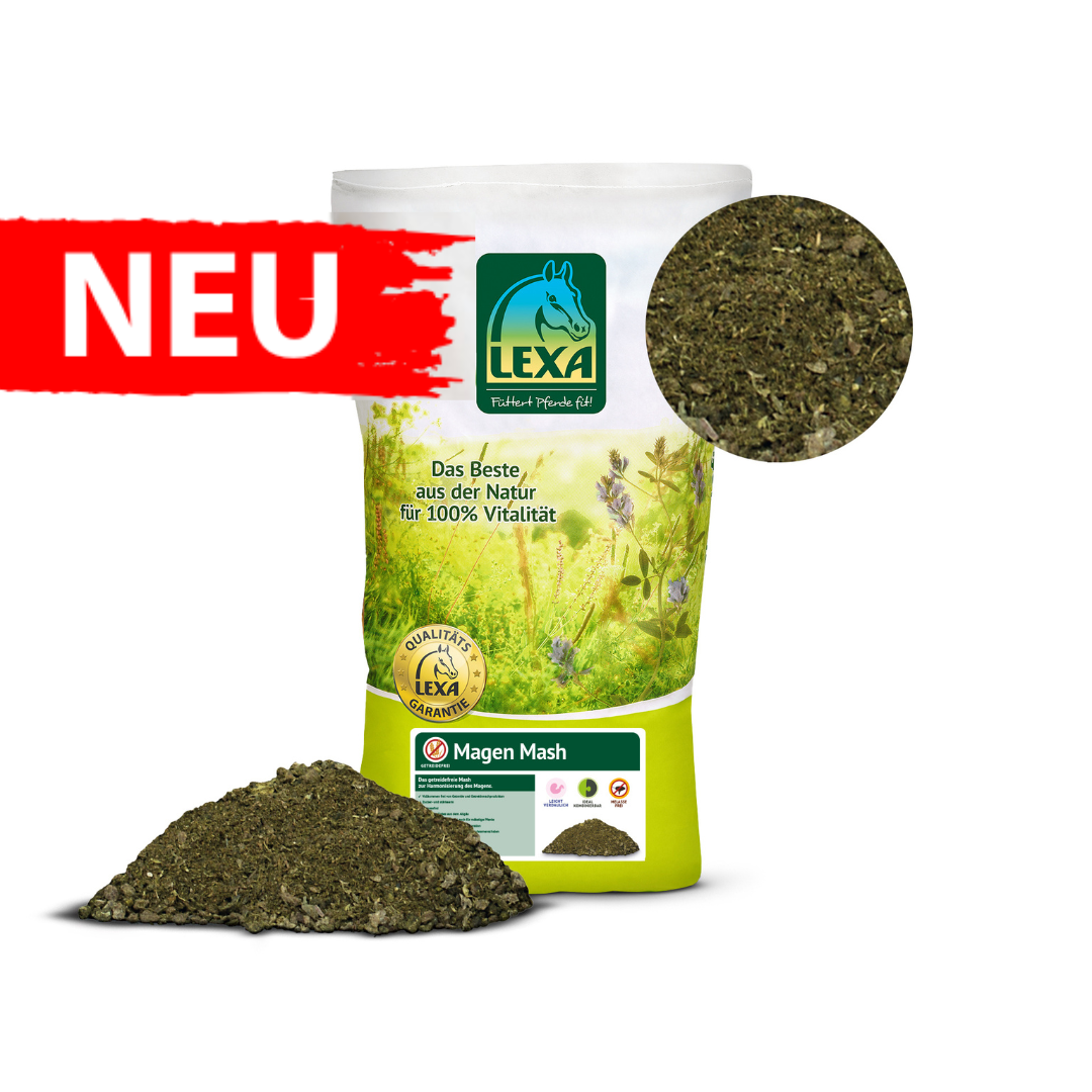 LEXA Magen Mash auf einem grĂĽnen Sack mit einer Blumenwiese im Hintergrund und einer roten Banderole mit NEU LEXA Magen Mash auf einem grĂĽnen Sack mit einer Blumenwiese im Hintergrund und einer roten Banderole mit NEU