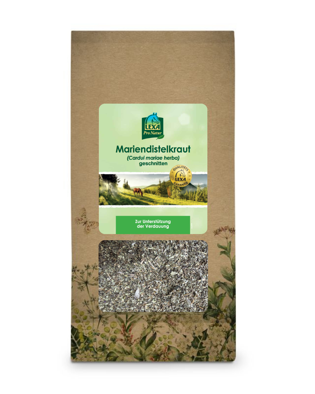braune Tüte mit grünem Etikett und einem Sichtfenster für das Produkt selber