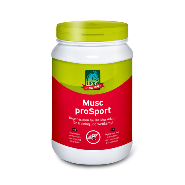 Musc proSport Regenerationspulver von LEXA Musc proSport von LEXA, ein Pulver zur Regeneration der Muskulatur für Training und Wettkampf, in einem weißen Behälter mit grünem Deckel.