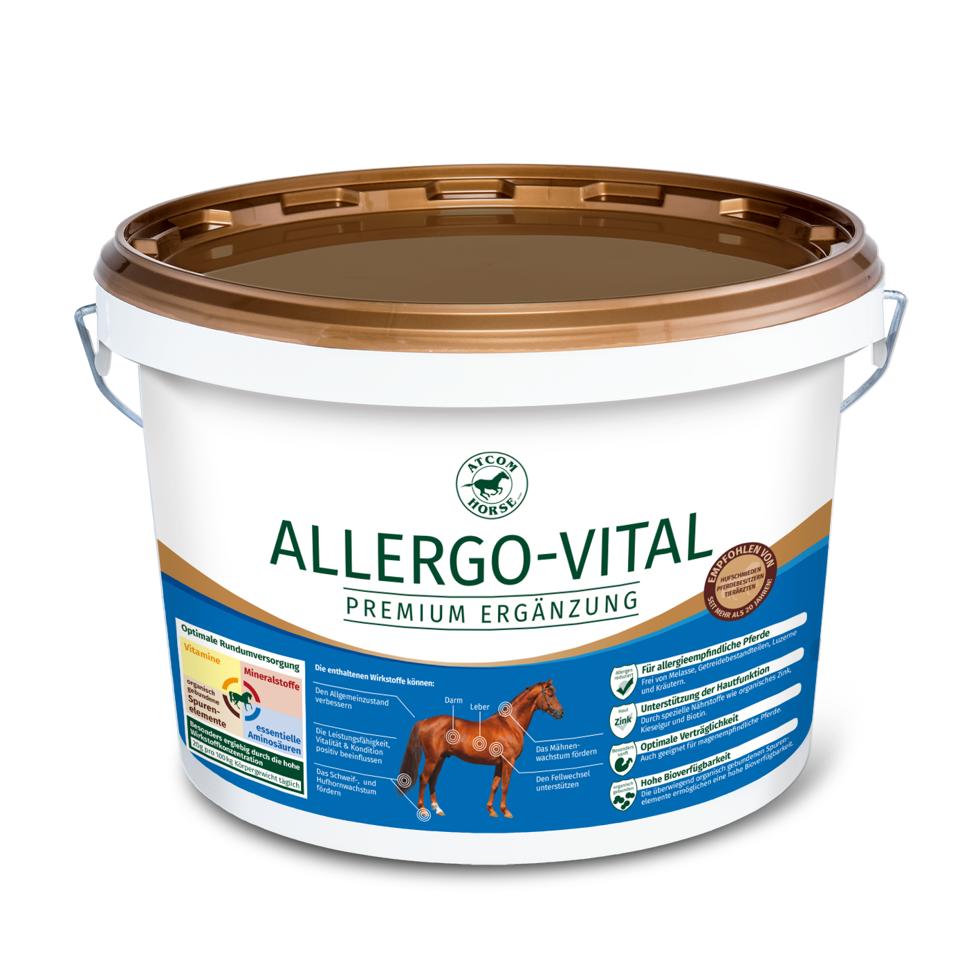 Allergo-Vital Ergänzungsfuttermittel für Pferde ALLERGO-VITAL unpelletiert in einem weißen Eimer (Kunsttoff) mit goldenem Dekcel und blauem Etikett.