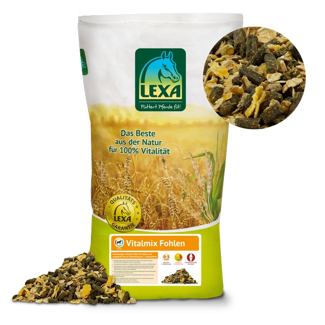 LEXA Vitalmix für Fohlen LEXA Vitalmix für Fohlen, eine Mischung aus natürlichen Zutaten, in einer Verpackung mit abgebildetem Inhalt.