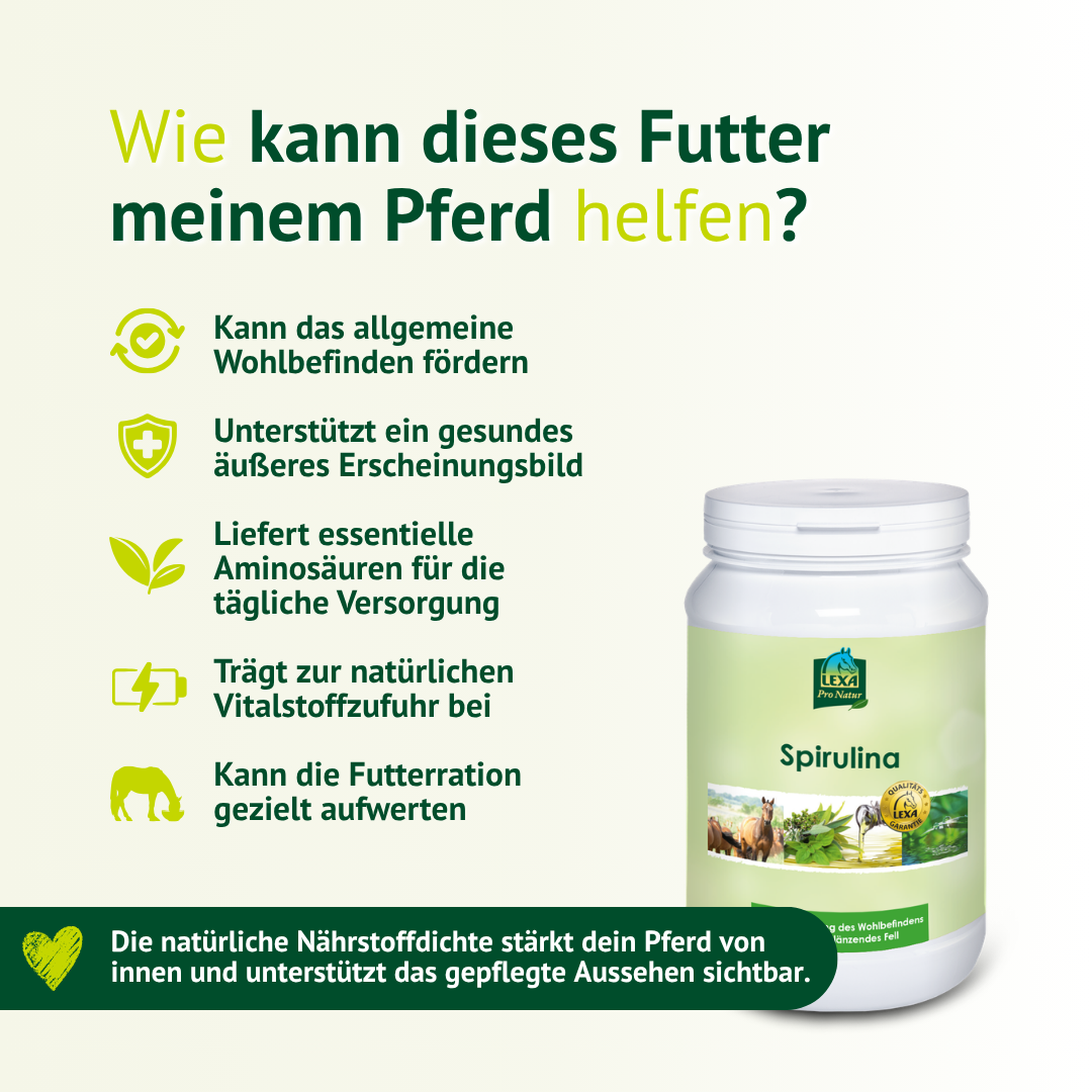 LEXA Spirulina Pferdefutter zur Förderung von Wohlbefinden, gepflegtem Erscheinungsbild und natürlicher Vitalstoffversorgung.