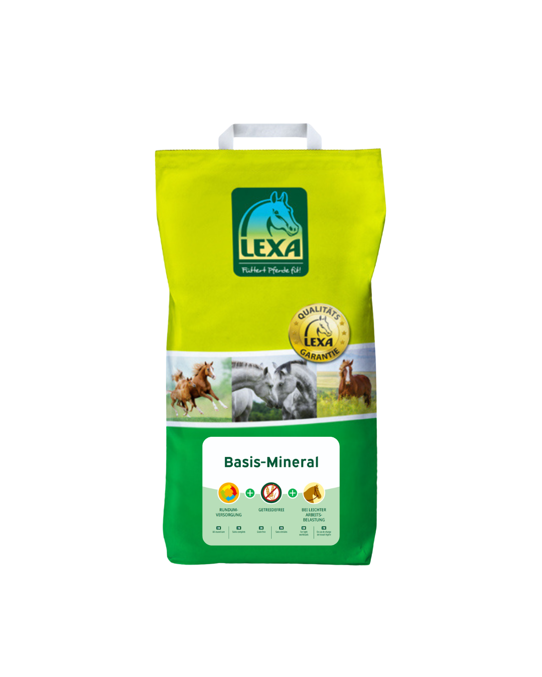 LEXA Basis-Mineral – gelb-grüne Verpackung mit Tragegriff und weißem Etikett für die Grundversorgung von Pferden.