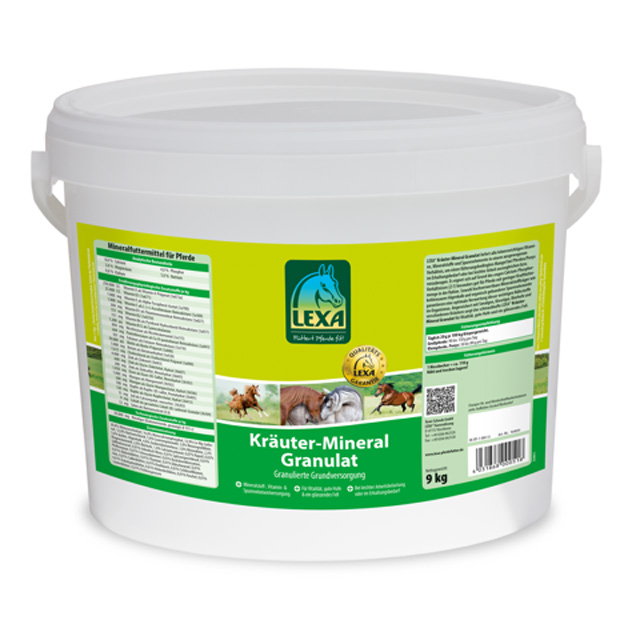 LEXA Kräuter-Mineral Granulat 9 kg Eimer (Kunststoff) mit Kräuter-Mineral Granulat von LEXA, für Pferde, mit Inhaltsstoffen und Anwendungshinweisen.