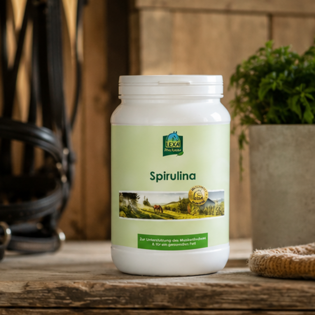 LEXA Spirulina Dose steht im Stall auf Holz neben Pferdezubehör und Pflanze.
