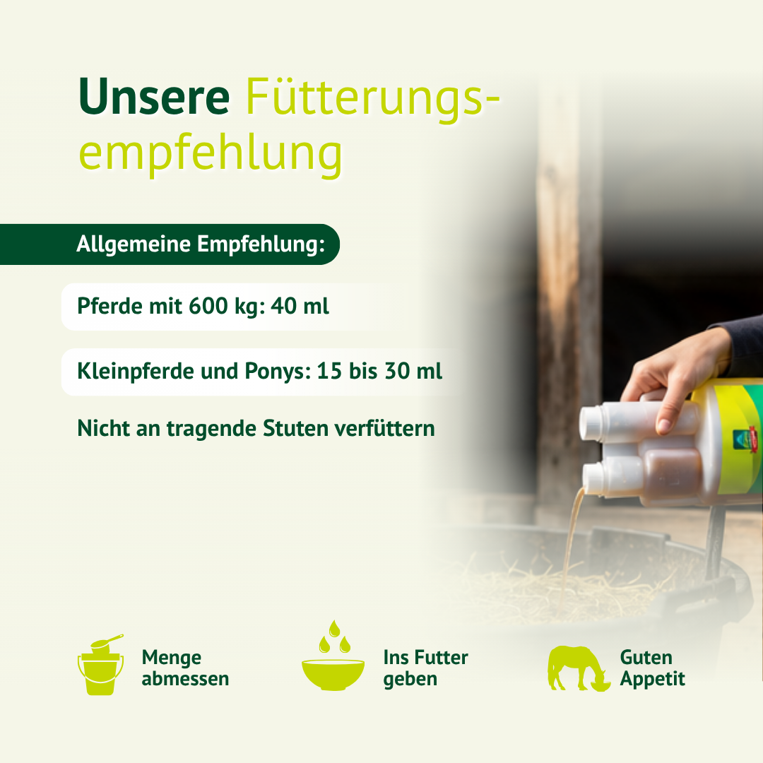 Fütterungsempfehlung für LEXA Herz-Kreislauf Liquid mit Dosierung für Pferde, Kleinpferde und Ponys.