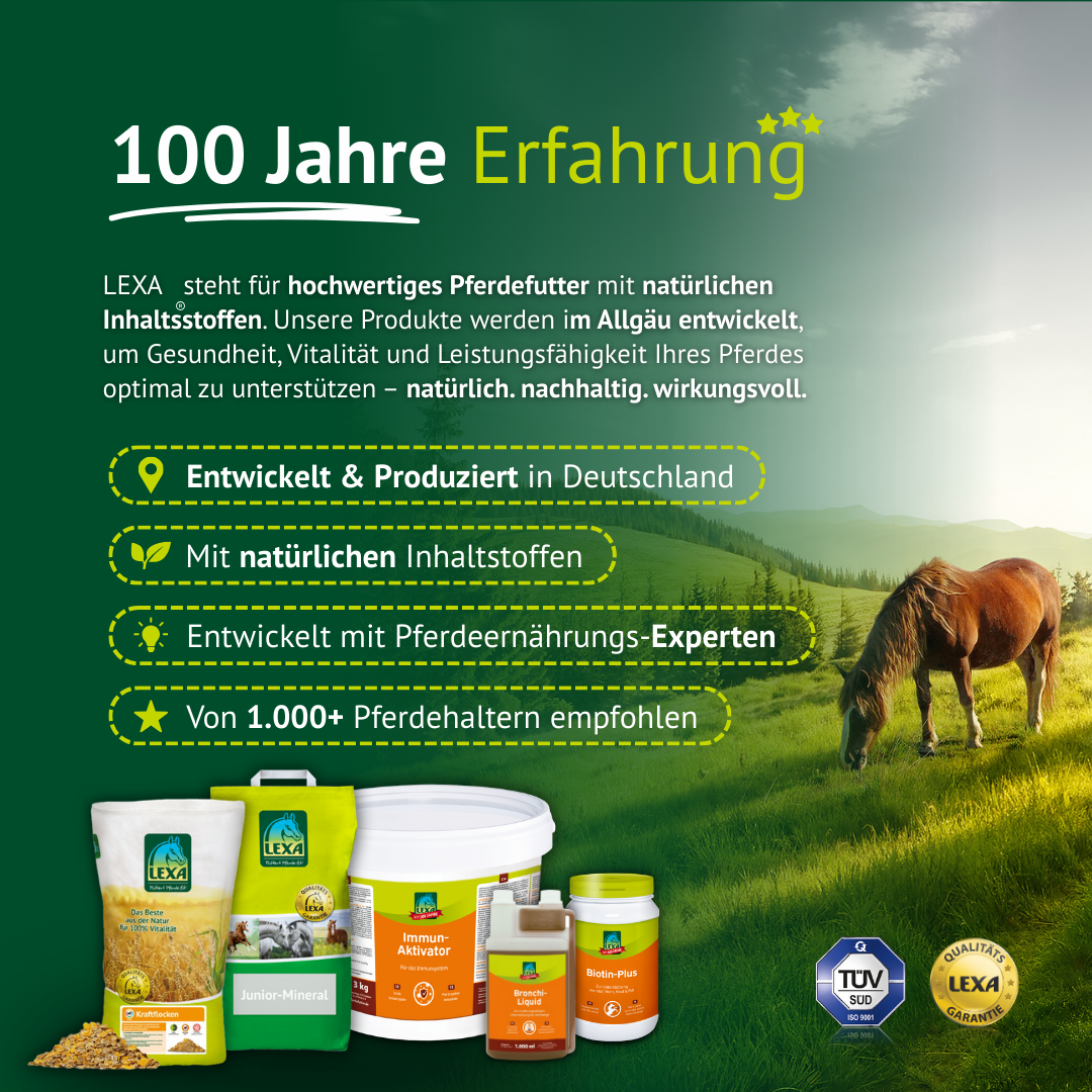 100 Jahre Erfahrung – LEXA Pferdefutter mit natürlichen Inhaltsstoffen, entwickelt und produziert in Deutschland.