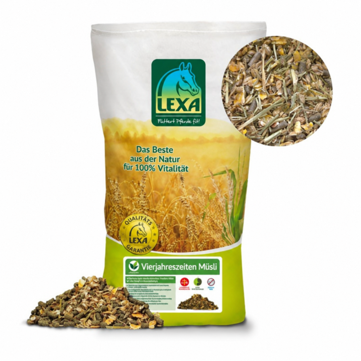 Verpackung von LEXA Vierjahreszeiten Müsli mit einer Mischung aus Kräutern und Getreide.
