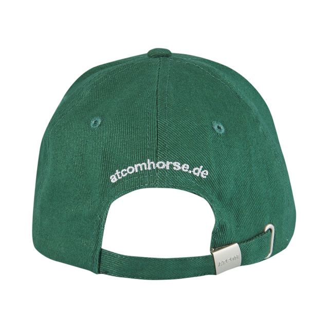 Grüne Baseballkappe mit der Aufschrift 'atcomhorse.de' auf der Rückseite.