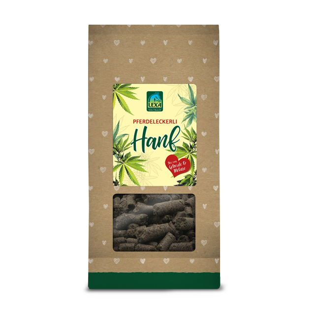 Hanf-Pferdeleckerli von LEXA Hanf-Pferdeleckerli in einer braunen Verpackung mit grünem Boden und einem Sichtfenster.