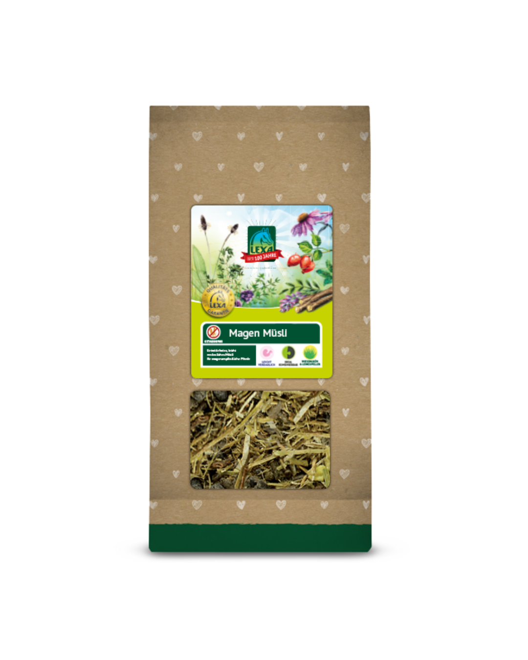 Verpackung von LEXA Magen Müsli 1 kg vor natürlichem, herzgemustertem Hintergrund mit Sichtfenster auf die strukturreiche Müslimischung.