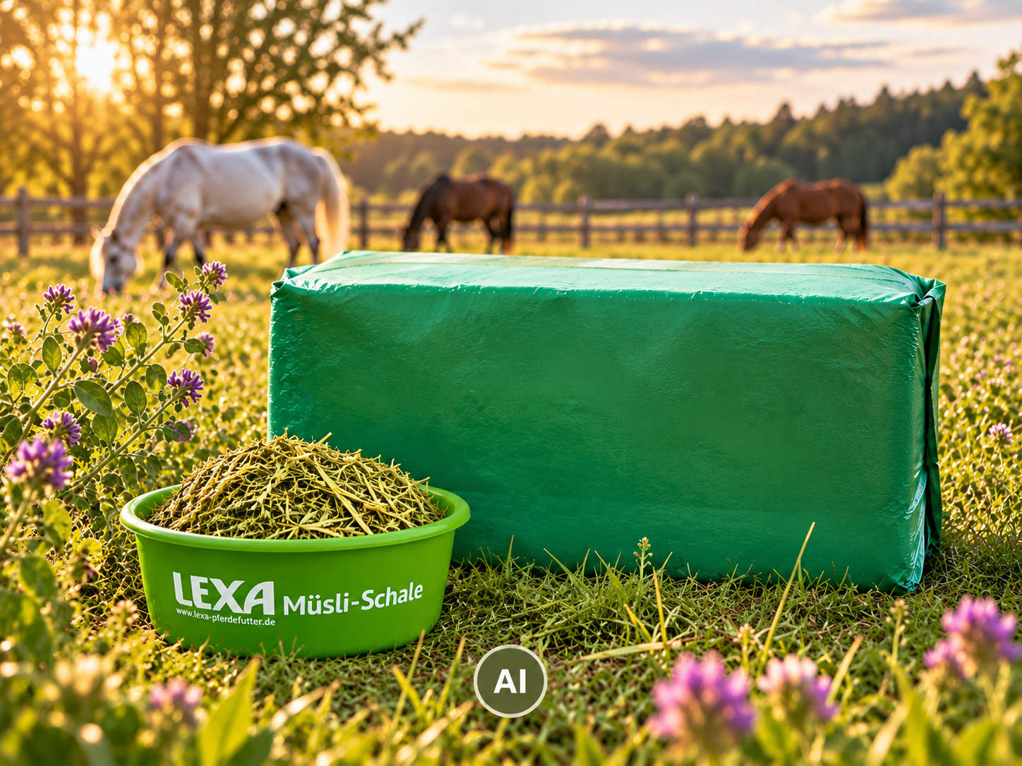 LEXA Luzerne Faser Pur im grünen Futterballen mit gehäckselter Luzerne in einer LEXA Müslischale. Im Hintergrund grasen Pferde auf einer sonnigen Weide, umgeben von blühender Luzerne. (KI-generiertes Bild)
