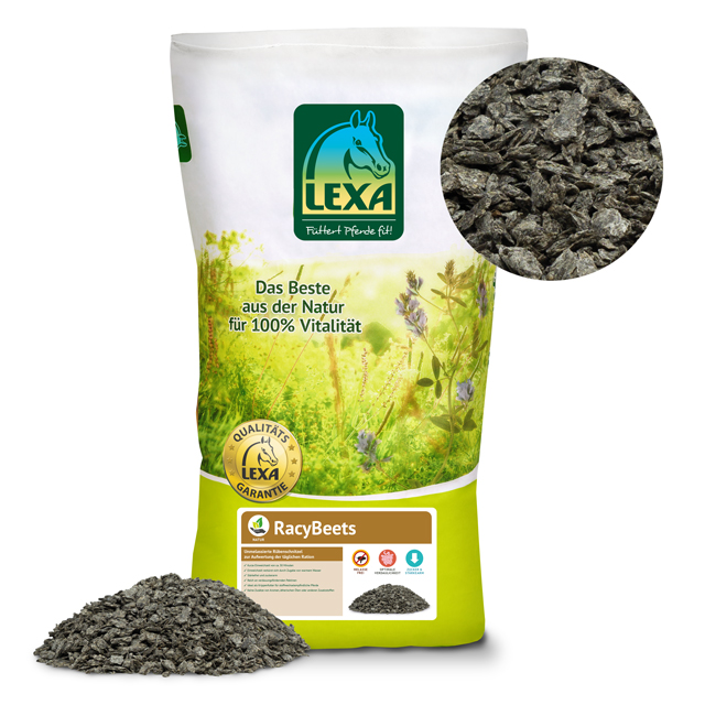 LEXA RacyBeets, Futterzusatz aus getrockneten Rübenblättern, in einer Verpackung mit grünem und weißem Design.