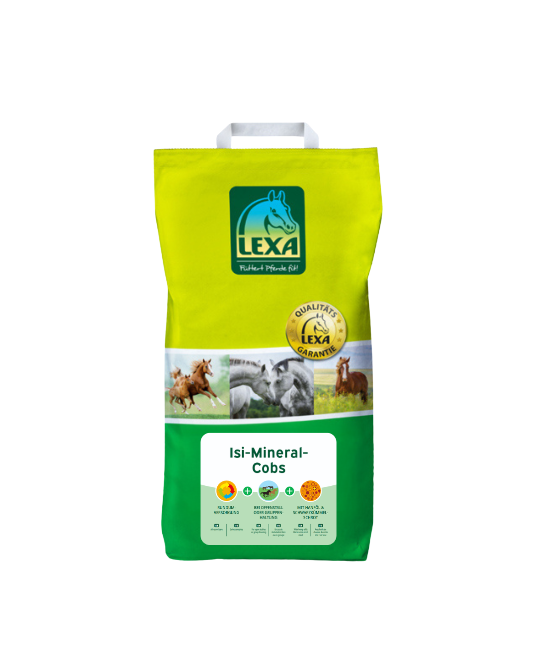 LEXA Isi-Mineral-Cobs – gelb-grüne Verpackung mit Tragegriff und Etikett speziell für Islandpferde.