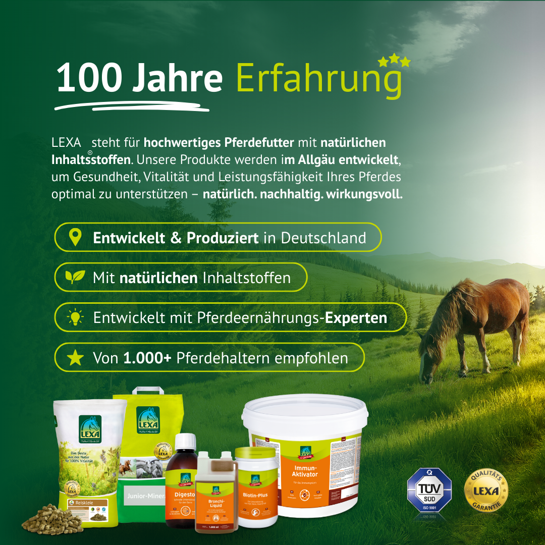 „100 Jahre Erfahrung“ – LEXA Pferdefutter-Sortiment vor einer Alpenlandschaft mit grasendem Pferd; entwickelt in Deutschland.