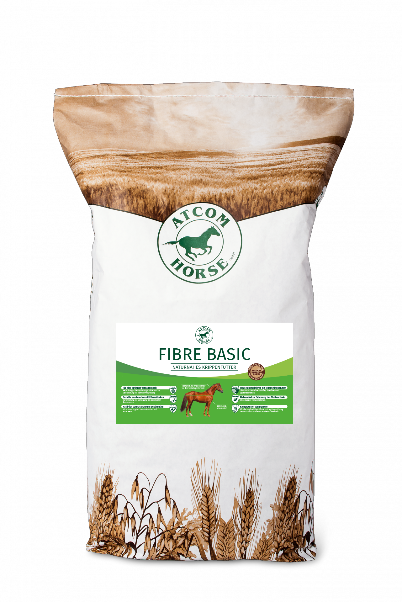Pferdefutter 'Fibre Basic' von ATCOM HORSE Sack (Papier) mit Pferdefutter 'Fibre Basic' von ATCOM HORSE, mit Informationen zur Fütterung und Inhaltsstoffen.