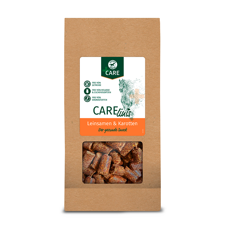 CARE Leinsamen & Karotten Snack Snack aus Leinsamen und Karotten in einer braunen Verpackung mit grüner und weißer Beschriftung.