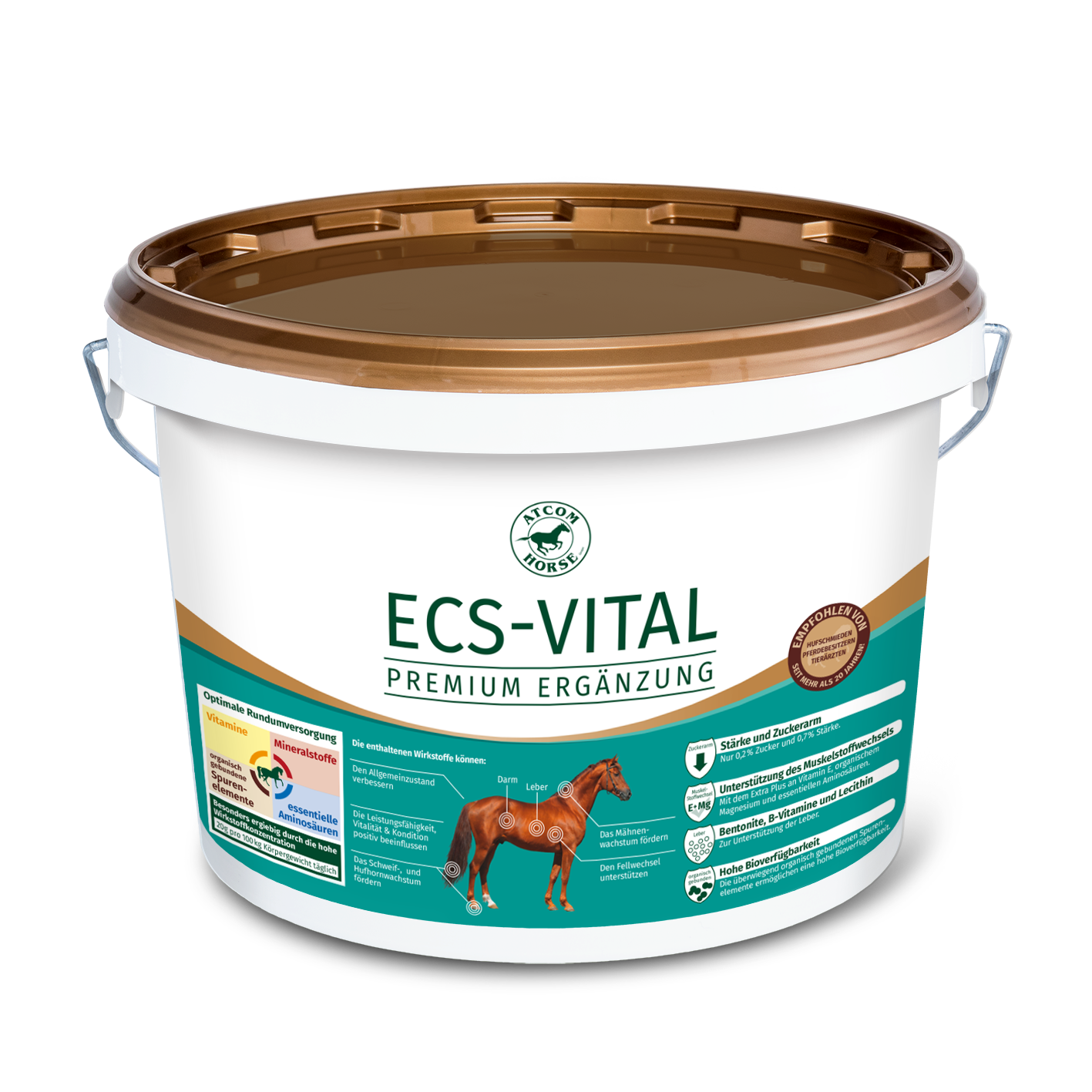 Eimer mit ECS-VITAL Premium Ergänzung ECS-VITAL Premium Ergänzung für Pferde in einem weißen Eimer (Kunststoff)mit braunem Deckel.