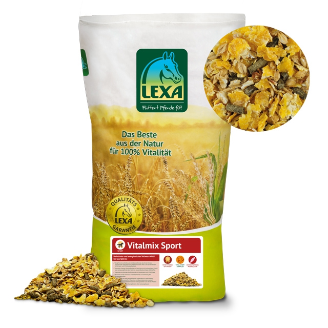 LEXA Vitalmix Sport Futter für Pferde LEXA Vitalmix Sport, ein Futter für Pferde, in einer grünen und weißen Verpackung mit einer Abbildung von Haferflocken.