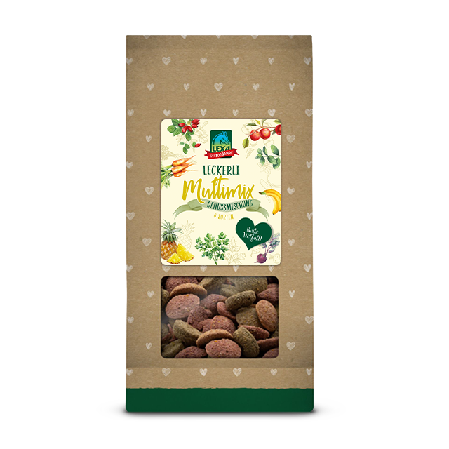 LEXA Multimix LEXA Multimix in einer grün braunen Verpackung (1kg Beutel) mit Herzchenmuster, einem Etikett und einen Sichtfenster, durch welches das Produkt angesehen werden kann.