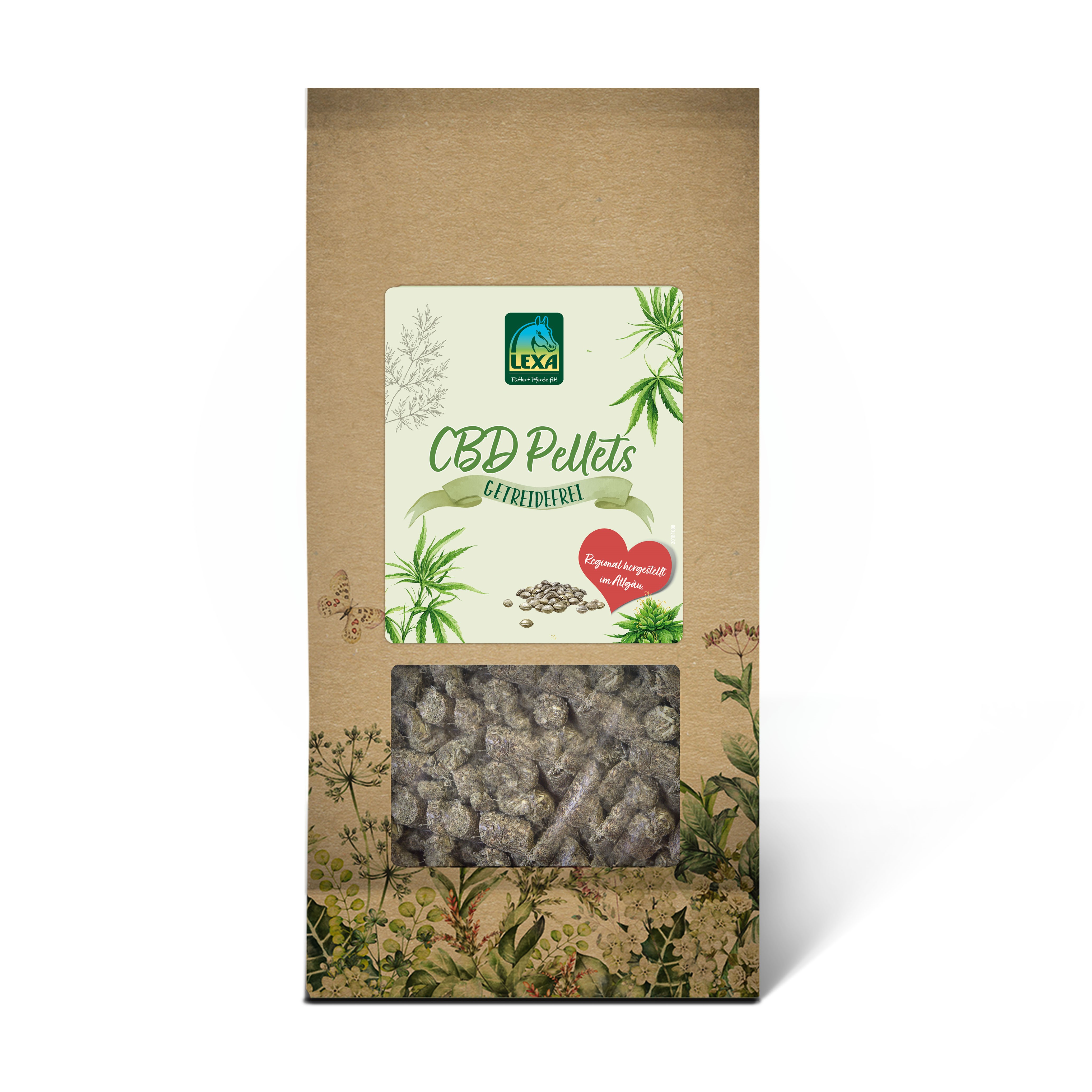 CBD Pellets Braune Papiertüte mit Sichtfenster in welchem die CBD Pellets zu sehen sind. Grünes Etikett und Kräuterillustrationen am Rand der Verpackung.